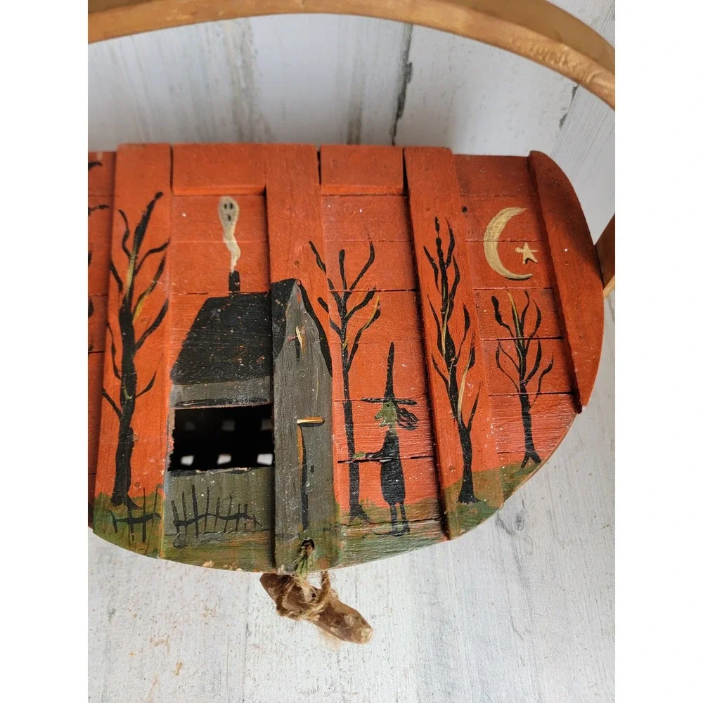 Unique vintage wooden trick or treat Halloween basket candy slot haunted house